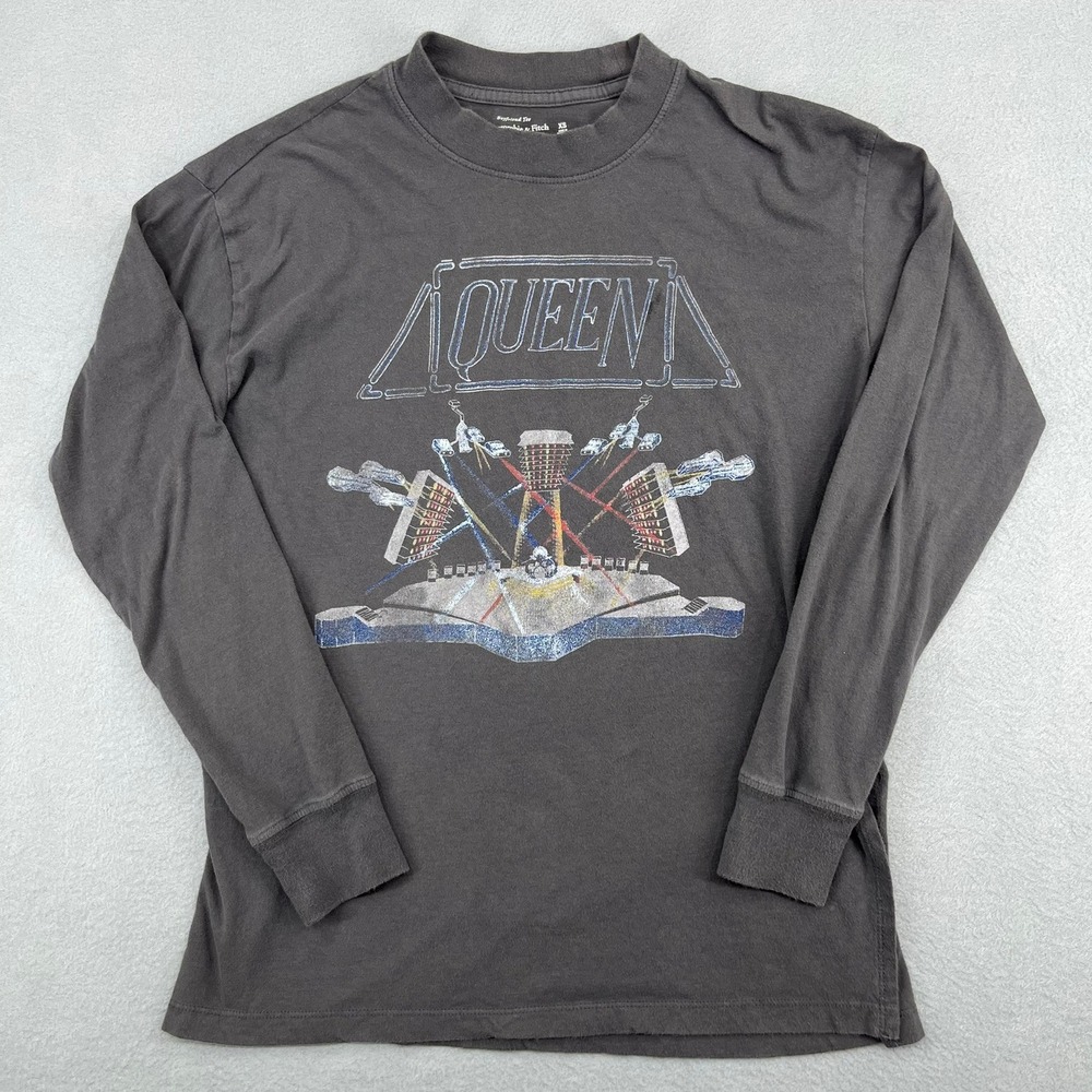 Abercrombie & Fitch Queen Band Graphic Long Sleeve Boyfriend Tee Grey XS